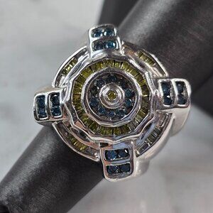 Womens Vintage Art Deco 10K White Gold Topaz & Yellow Diamond Ring 13.6g E3974